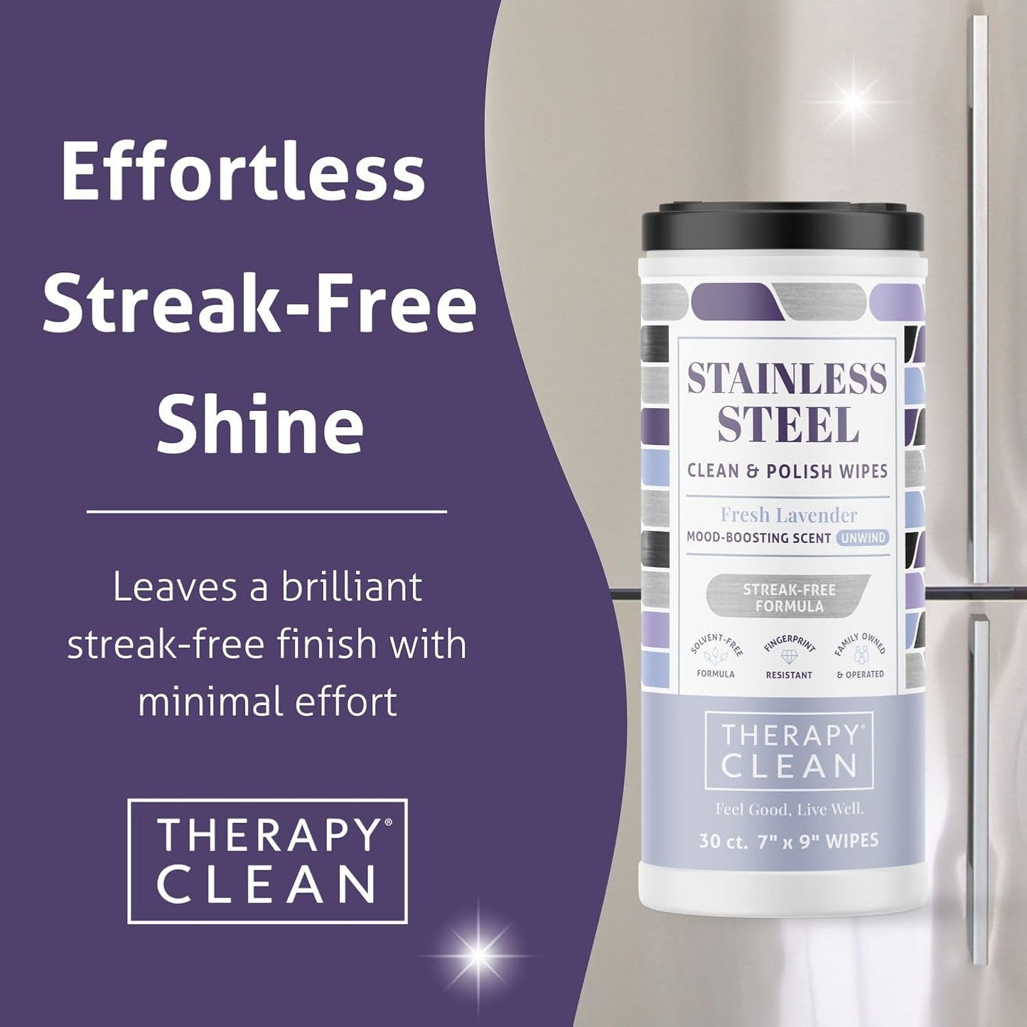 Therapy Stainless Steel Wipes, 30 Count (2 Pack) - Appliance Cleaner for Fridge, Dishwasher, Oven, Stove, Sink, Microwave, and More - Removes Smudges, Fingerprints, and Leaves a Streak-Free Shine