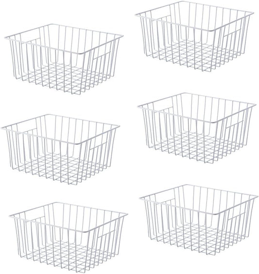 Upright Freezer Organizer Bins， Freezer Baskets for 14, 15 cu.ft Standup Freezer, Wire Storage Baskets with Built-in Handles for Frozen Foods, Snacks, Vegetables, Fruits and More, 6Pcs , White