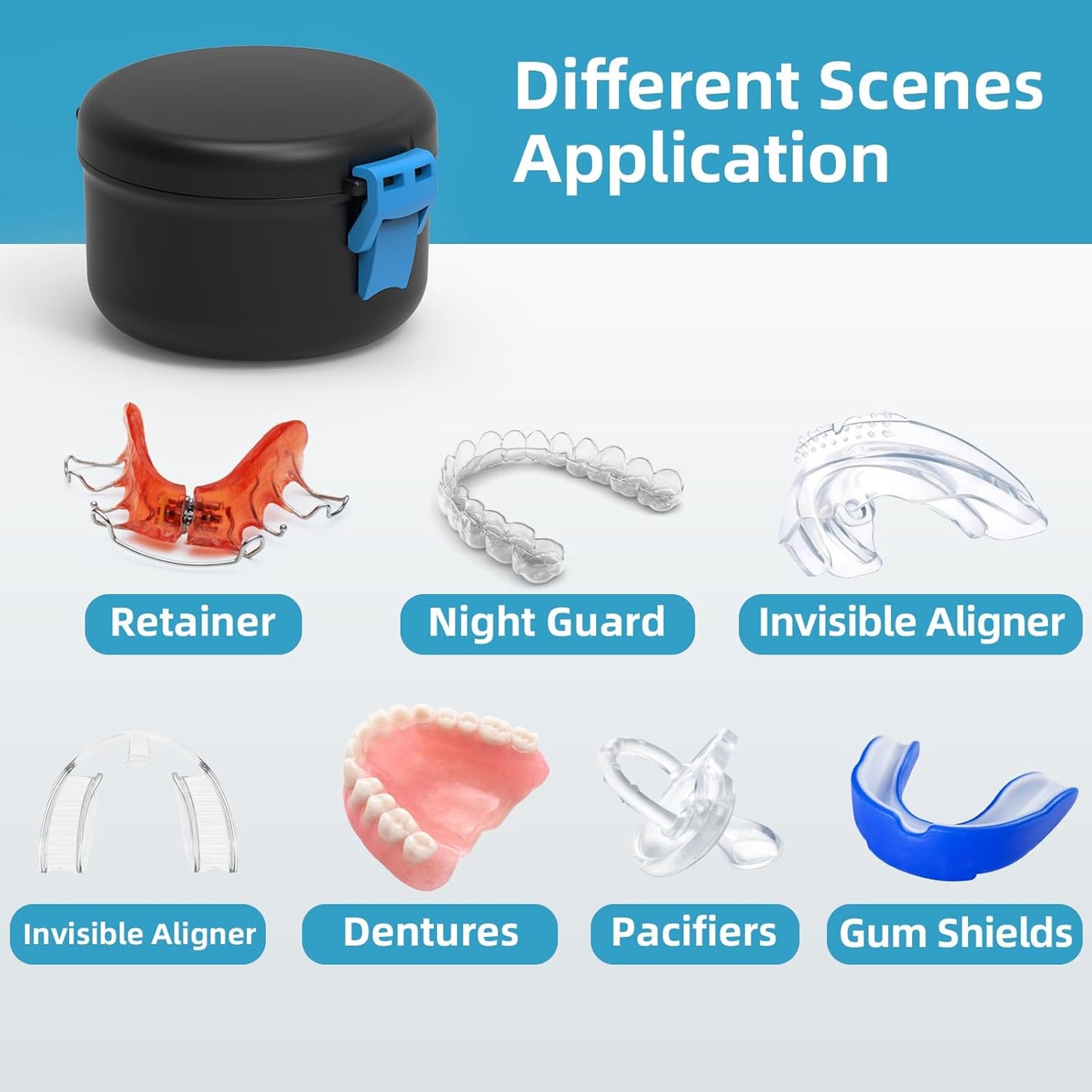 BVN Leak-Proof Denture Bath Cup for Travel, Denture Cup for Soak Dentures, Retainer Cleaning Case with Strainer (Black + Blue)