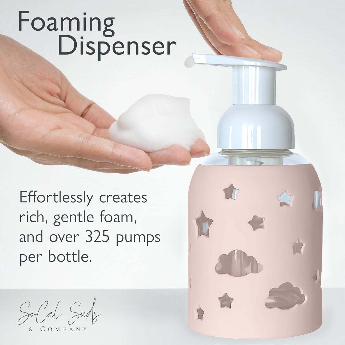 SoCal Suds & Company Glass Foaming Hand Soap Dispenser, Soft Grip Silicone Sleeve, Refillable Pump Bottle for Kids, Baby Wash & Shampoo, Ideal for Home Use, Light Pink 8oz