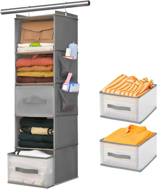 5-Tier Hanging Organizer for Closet, Fabric Closet Organizer with 2 Hooks, 2 Pull-Out Drawers, Foldable Space-Saving Storage (Gray)
