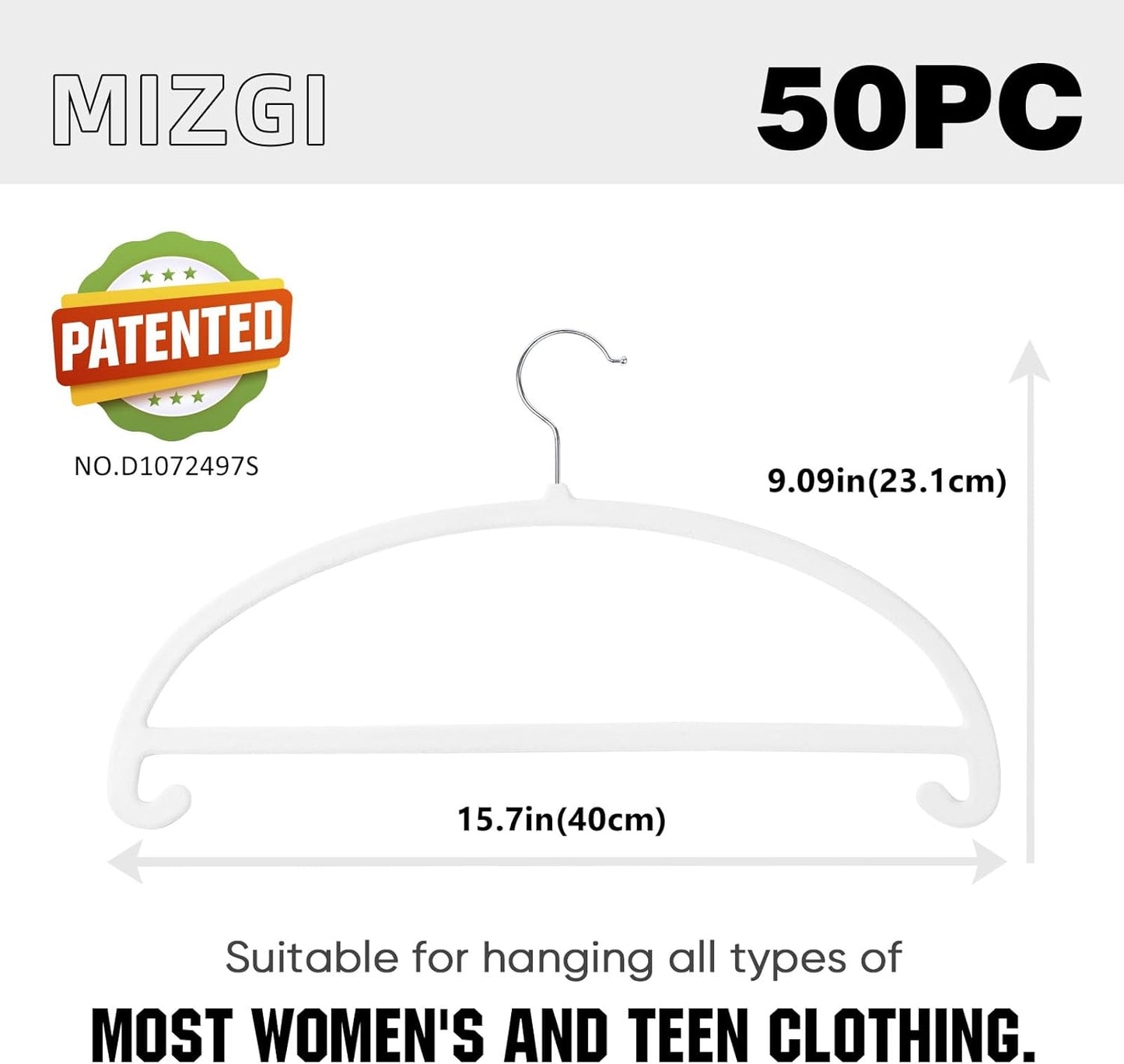 MIZGI 50 Pack White Velvet Hangers - No Shoulder Bumps, Heavy Duty Non-Slip Chrome Hooks for Jackets, Coats, Pants