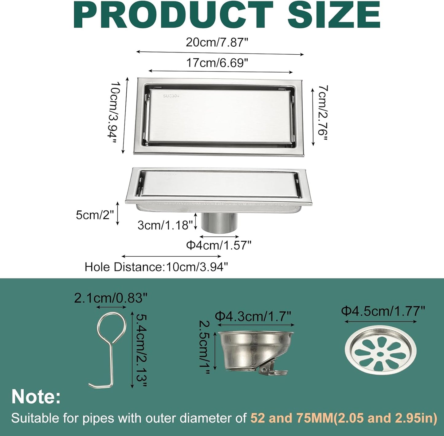 uxcell Rectangular Shower Drain, Brushed 304 Stainless Steel Odor-Proof Floor Drain Linear Shower Drain Hair Catcher for Bathroom Kitchen and Laundry Room(8 Inch, Brushed Silver)