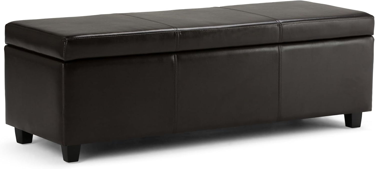 SIMPLIHOME Avalon 48 inch Wide Contemporary Rectangle Storage Ottoman Bench in Tanners Brown Vegan Faux Leather, Assembled, For the Living Room, Entryway and Family Room