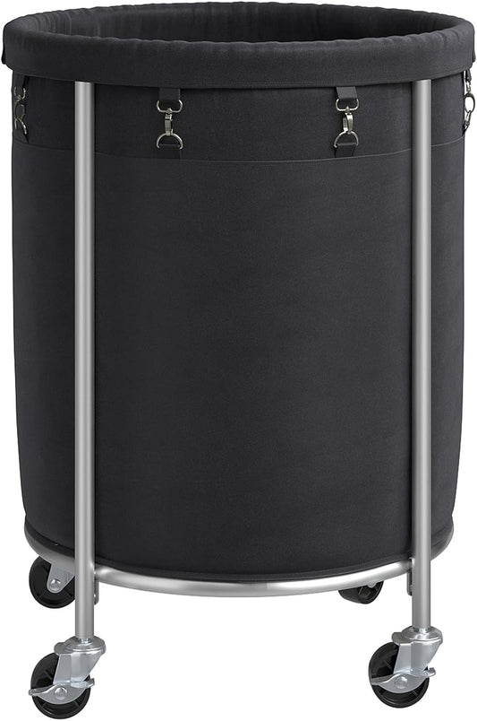 ELYKEN Laundry Hamper on Wheels, 23.6" Diameter 170L Large Capacity Laundry Basket with Removable Liner Bag, Easy Rolling Clothes Cart with 4 Casters and 2 Brakes, Sturdy Metal Frame, Black