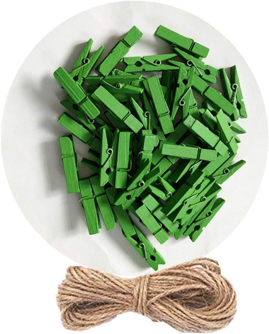 DurReus 50PCS Tiny Wooden Clothespins Photo Paper Peg Mini Wood Clothes Pins Home School Arts Crafts Decor,Hanging Pictures with Jute Twine Green