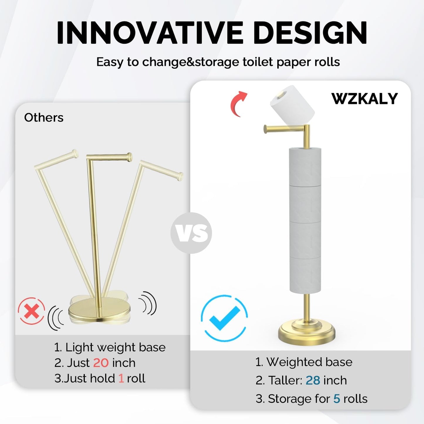 Freestanding Toilet Paper Holder Stand with Storage – Holds 4 Extra Rolls – Brushed Gold Toilet Paper Holder for Bathroom – Sturdy Base, Classic Retro Style, Space-Saving Bathroom Storage