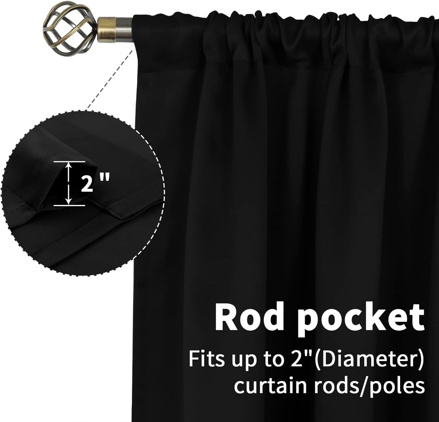 BGment Rod Pocket Blackout Curtains for Bedroom - Thermal Insulated Room Darkening Curtain for Living Room, 70 x 63 Inch, 2 Panels, Black