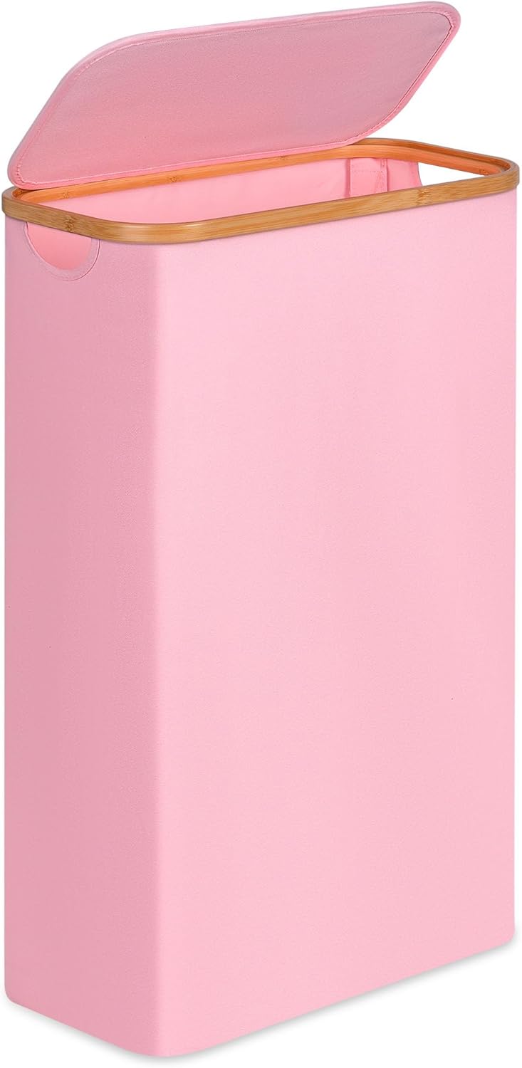 Slim Laundry Basket,60L Laundry Hamper with Lid, Tall Hamper for Laundry,Dirty Cloth Hamper with Bamboo Handle for Toys,Towels, Clothes Organizing,Pink