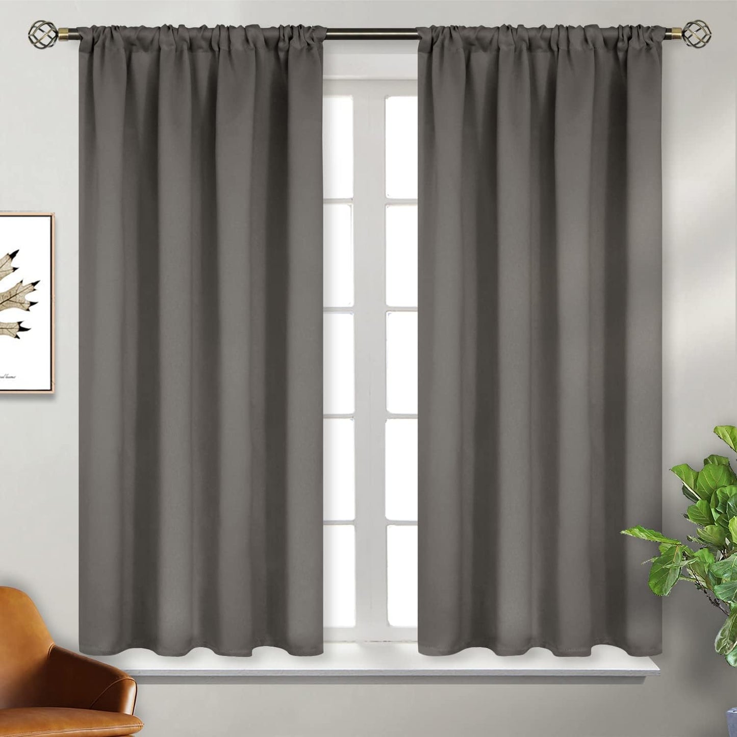 BGment Short Blackout Curtains 45 Inches Length for Bedroom - Rod Pocket Thermal Insulated Room Darkening Window Curtain for Kitchen Cafe, 42 x 45 Inch, 2 Panels, Grey