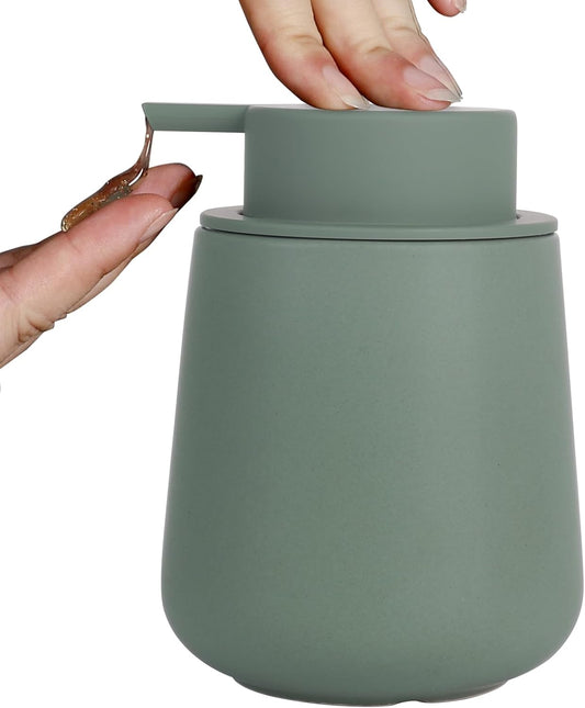 INGOFIN Ceramic Lotion Dispenser - 12oz Refillable Hand Soap Dispenser Bathroom, Modern Liquid Dispenser with Pump, Dish Dispenser for Kitchen, Matte Green