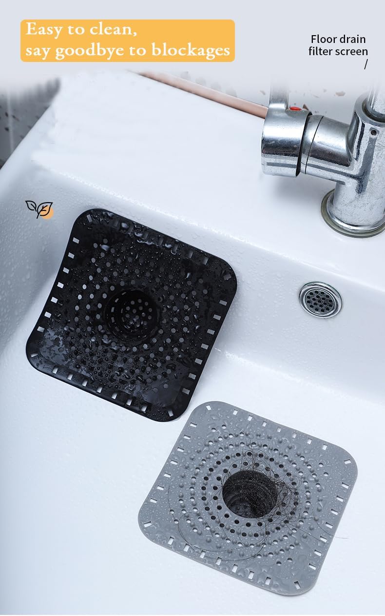 Drain Hair Catcher, Silicone Bathtub Drain Protector 2 PCS (Gray/Black, Square)
