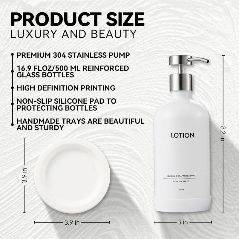 Glass Soap Dispenser Set by Janxin,Bathroom Soap Dispenser Set with Ceramic Tray,Luxury Bathroom Accessories,Modern Kitchen Decor (White+Silver(Lotion))