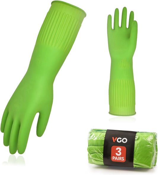 Vgo... 3-Pairs Dishwashing Gloves - Reusable Household, Kitchen, Long Sleeve, Thick Latex, Cleaning, Washing, Working, Painting, Gardening, Pet Care (Size L, Green, RB2143)