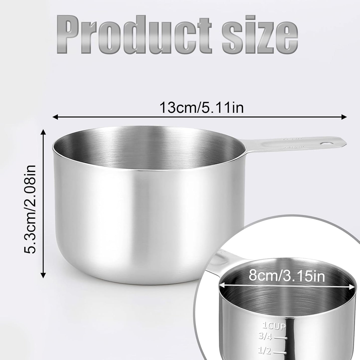 Stainless Steel Measuring Cup, 1 Cup Rice Measuring Cups (8 oz | 240 ml), Single Measure Cups, Kitchen Gadgets, Metal Measure Scoop for Cooking Baking, Laundry Detergent, Wet and Dry Ingredients