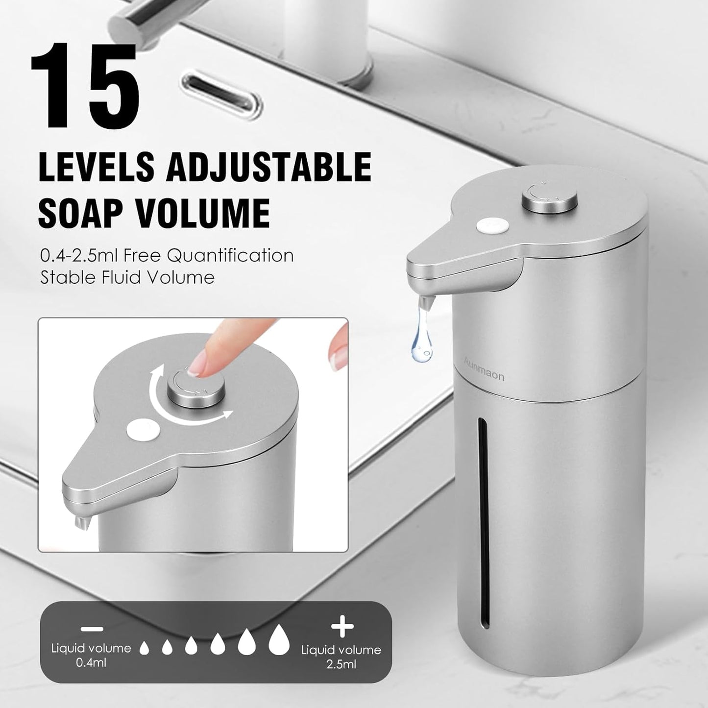 Aunmaon Automatic Soap Dispenser Touchless,Upgrade Adjustable Volume for Thick and Thin Liquid Battery Hand Soap Dispenser,Dish Soap Dispenser Kitchen Bathroom,Auto Soap Dispenser Hands Free Silver