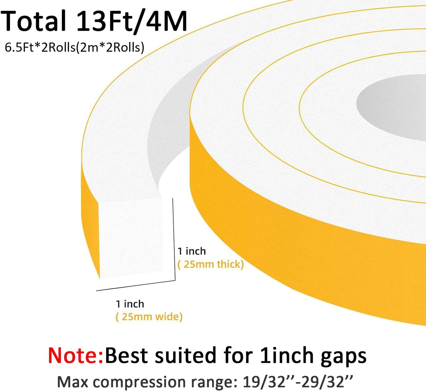 Window Insulation Weather Stripping, High Density Insulation Tape for Door, Soundproof Door Weather Stripping, Adhesive Foam Gasket Tape, Anti-Bug, Weatherproof (1 in x 1 in x 13Ft), White