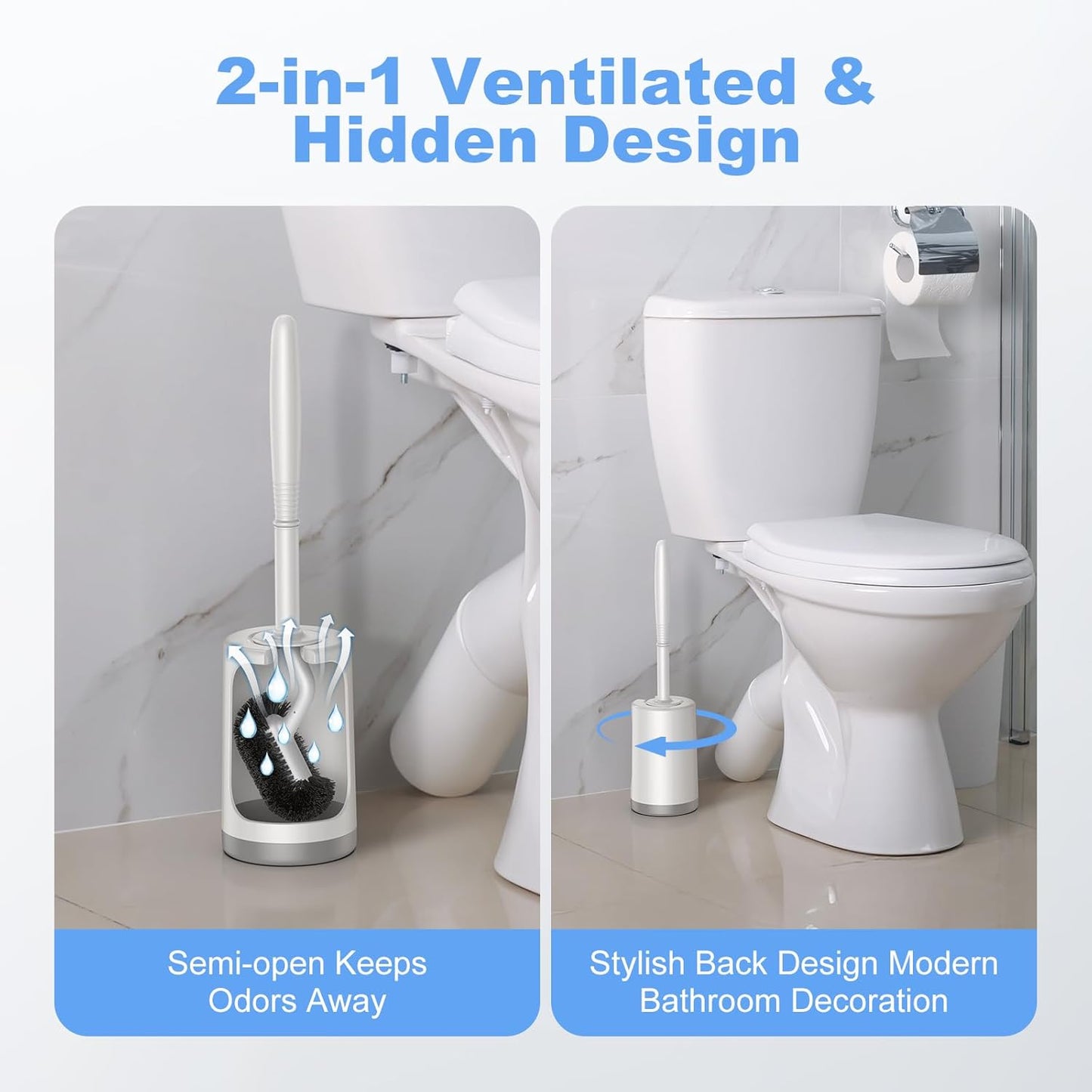 HAMITOR Toilet Bowl Brush Holder Set: Curved Design with Holder for Deep Cleaning Under Rim - Compact Hidden Scrubber for Small Space - Modern RV Bathroom Accessories - White