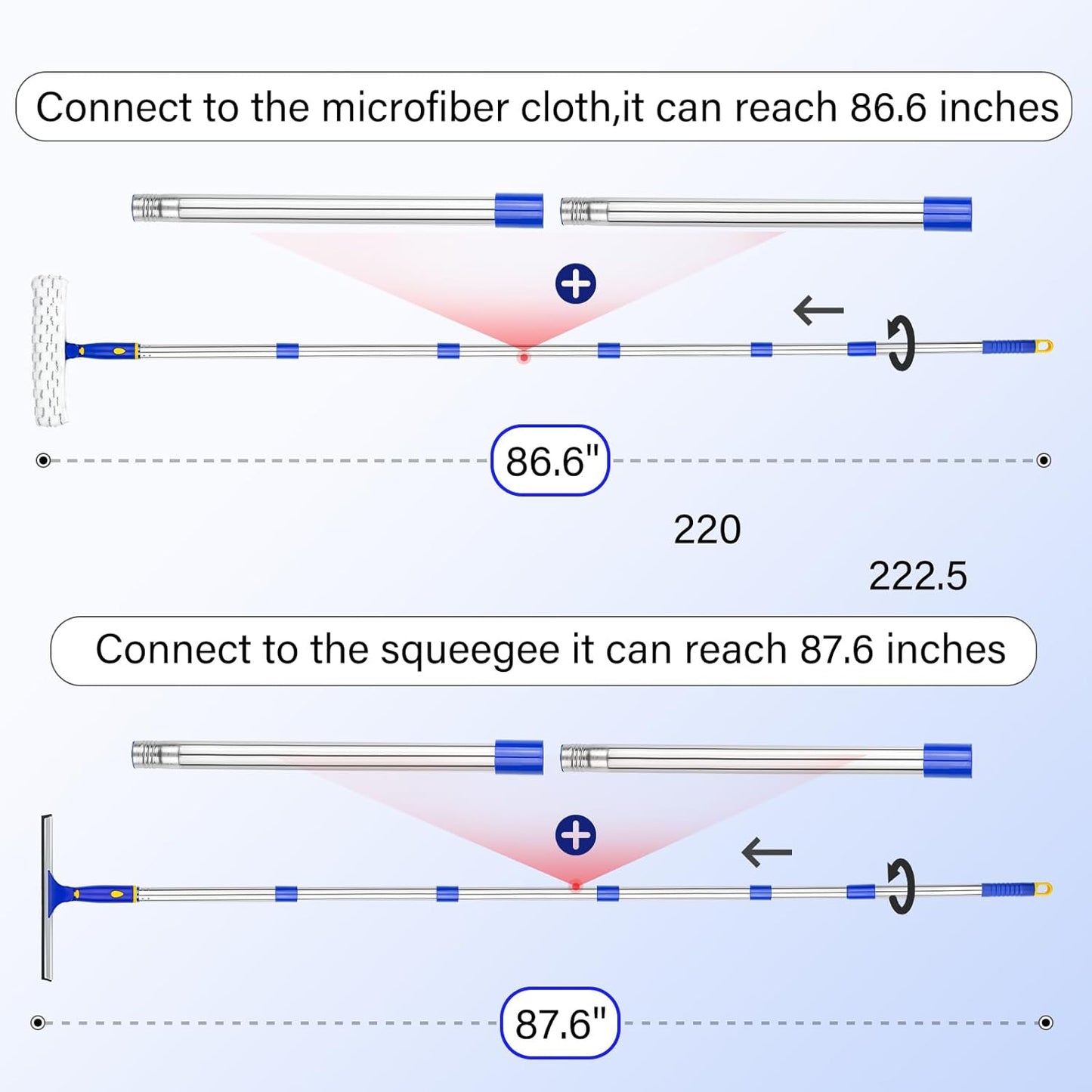 ITTAR Professional Window Cleaning Squeegee Kit, 7.15 Ft High Reach Cleaner Tool, Rotatable Window Washing Equipment with Extension Pole for Indoor/Outdoor Window, Glass, Car, 1 Blade 2 Scrubber