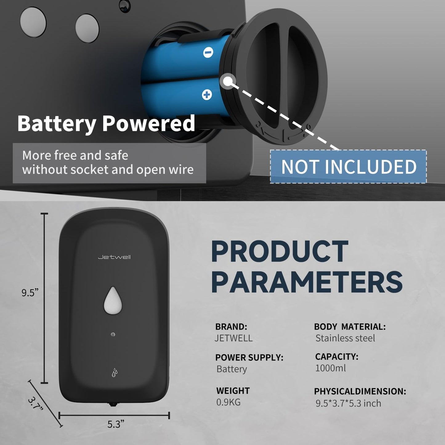 JETWELL Automatic Touch-Less Wall Mount Hand Soap Dispenser Liquid Drop Battery Operated, Black Matte Stainless Steel Cover Large Capacity 34OZ/1000ML for Kitchen Home Commercial Bathroom