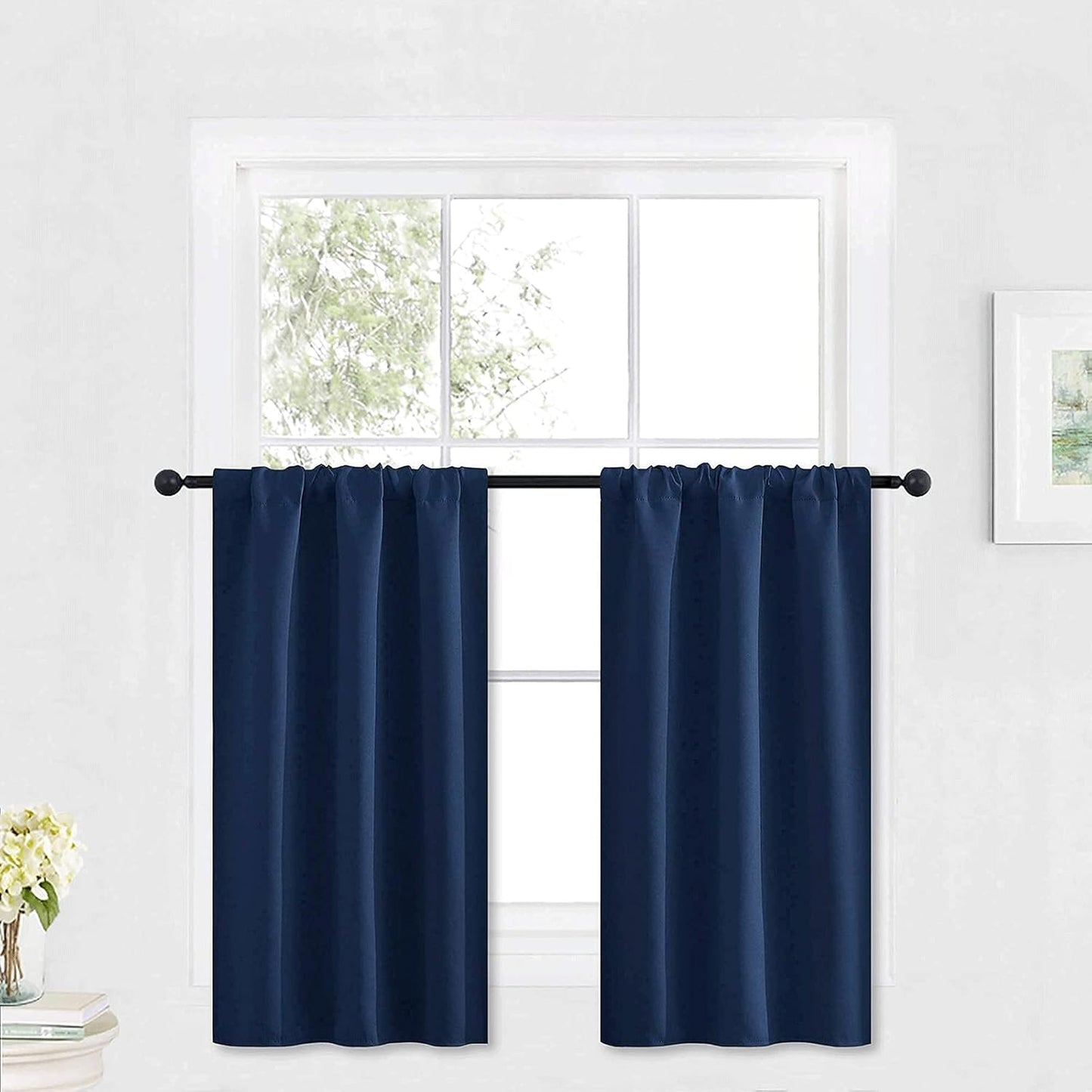RYB HOME Bathroom Window Curtains - Super Soft Blackout Privacy Curtains for Baby Nursery Bedroom Basement Garege Workshop Kitchen Dining Living Room, W 29 x L 30, Navy Blue, 2 Pcs