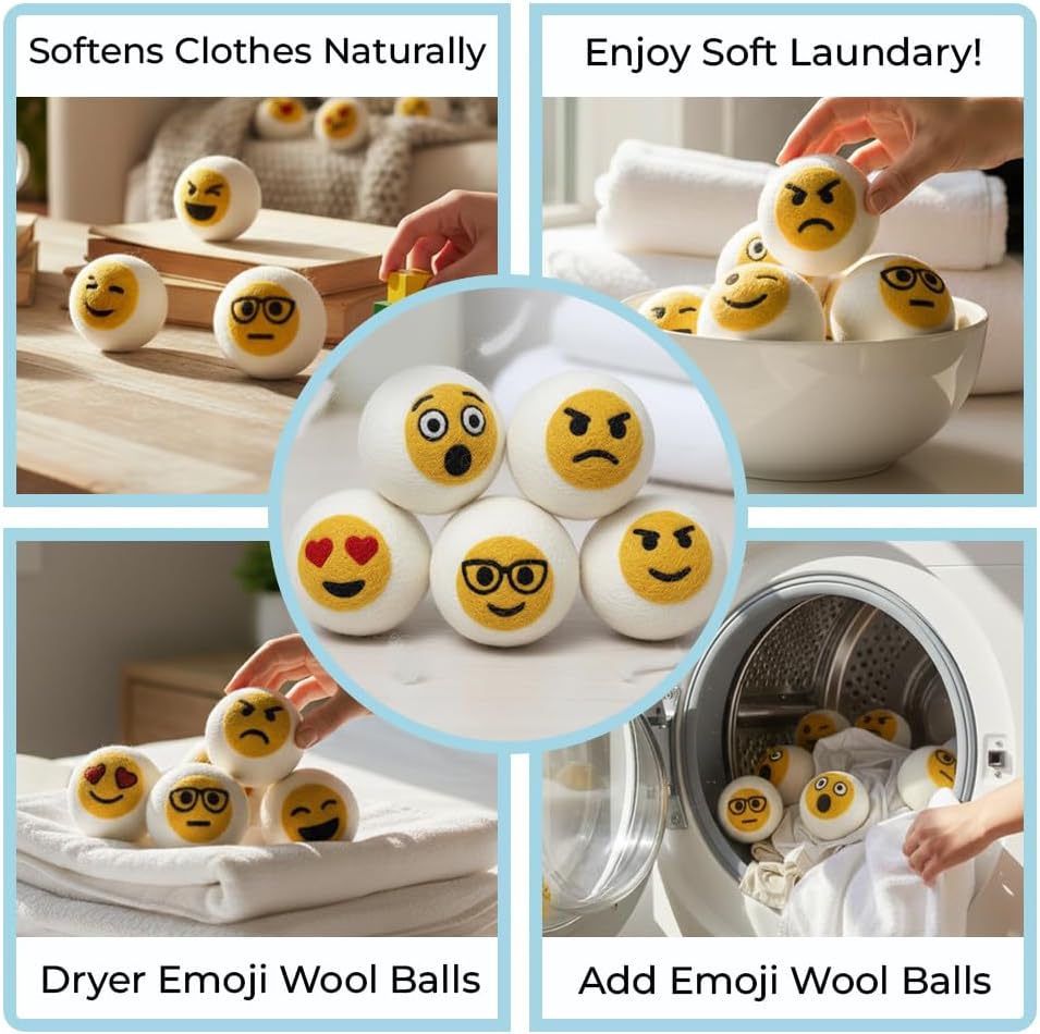 Ezhippie Quality Wool Dryer Balls - 6 XL Emoji Pack - 1000+ Loads - Pure Organic Wool - Reusable Natural Fabric Softener Perfect with Essential Oils, Reduce Clothing Static and Wrinkles