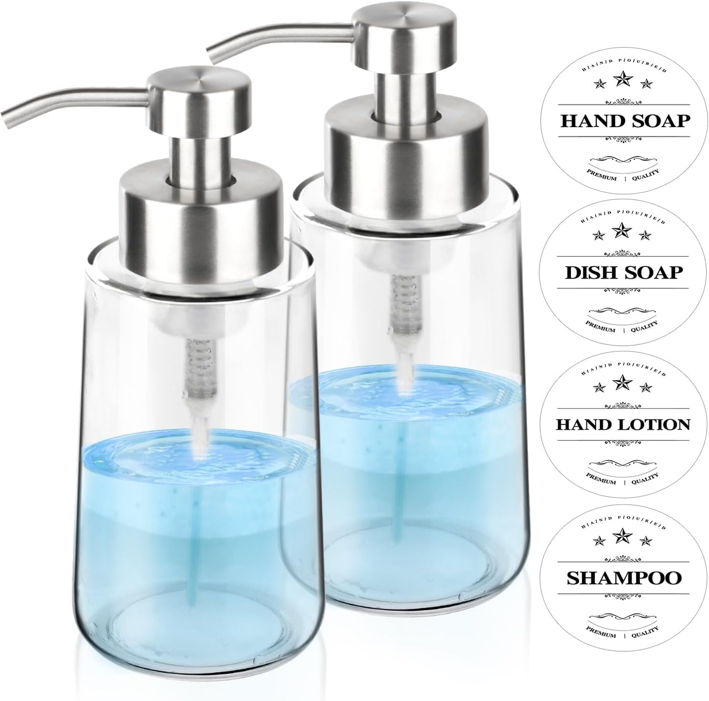 2 Pack Glass Foaming Soap Dispenser With Waterproof Labels, Hand and Dish Set, Rust Proof Stainless Steel Pump, 15 Oz Clear Bottle for Kitchen & Bathroom