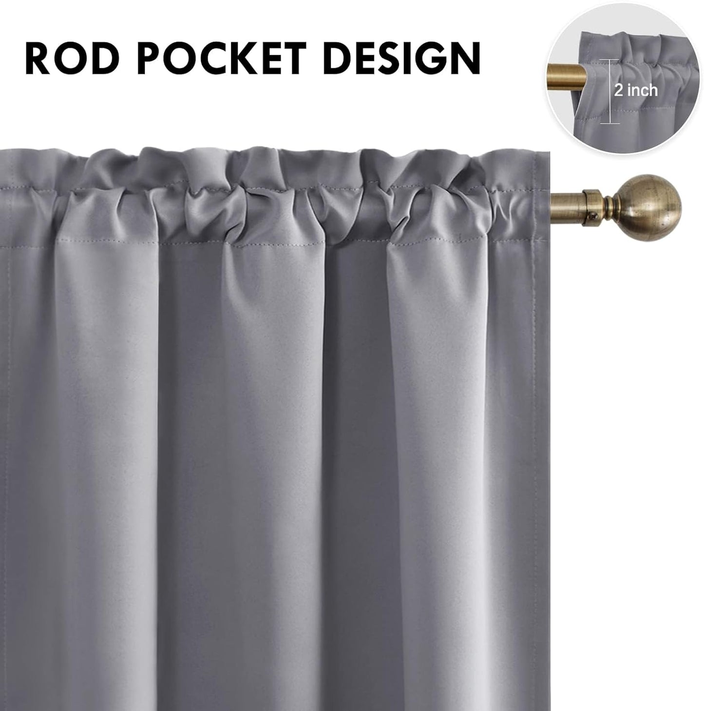DWCN Blackout Curtains for Living Room Thermal Insulated, Energy Saving & Noise Reducing Bedroom Curtains, Grey, W 52x L 36 Inch, Set of 2 Rod Pocket Curtain Panels