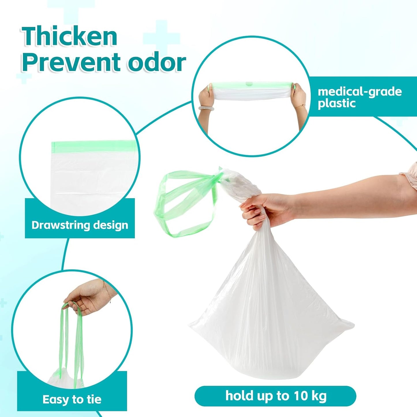 60 Pack Commode Liners with Super Absorbent Pads, Disposable Leakproof Bedside Commode Bags, Universal Fit for Standard Toilet Chair Buckets(60 Bags+60 Pads) (60PACK)