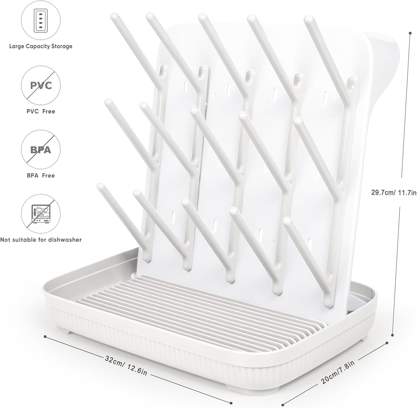 Termichy Baby Bottle Drying Rack: Large Vertical Bottle Dryer Rack Holder - Space Saving Standing Drying Rack for Baby Bottles and Pump Part Cleaning (White)