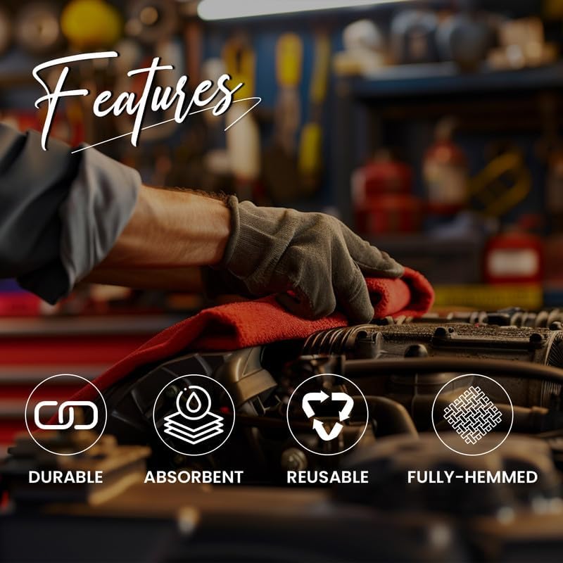 Shop Towels (Red, 18 Rolls of 12 Pieces) Bulk Cleaning Towel in a Pack, Mechanic Cotton Wipes for Car Maintenance, Auto Mechanics & Garage, Wipe Grease & Oil, Machine Wash & Reusable