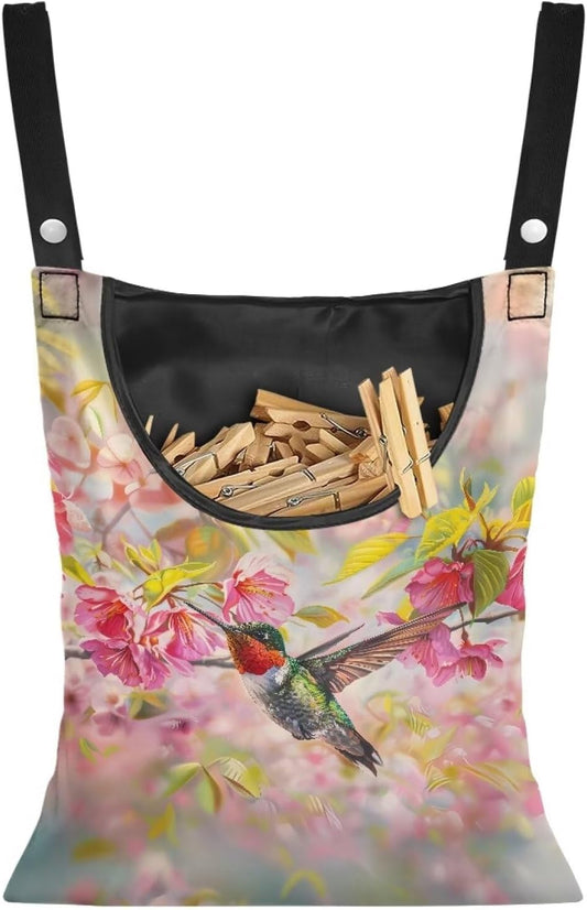 Hummingbird Clothespin Bag with Hanging Rope Cherry Blossom 14.5 x 12 Inch Summer Waterproof Laundry Clothes Pin Holder Clothespin Storage Organizer with Large Opening