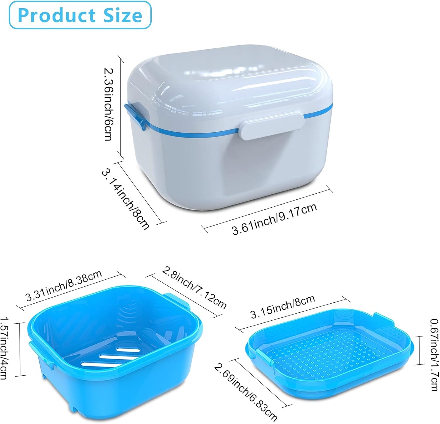 BVN Denture Case Denture Cup for Soaking Dentures Retainer Cleaner Case with Mirror Mouth Guard Case False Teeth Container White Blue