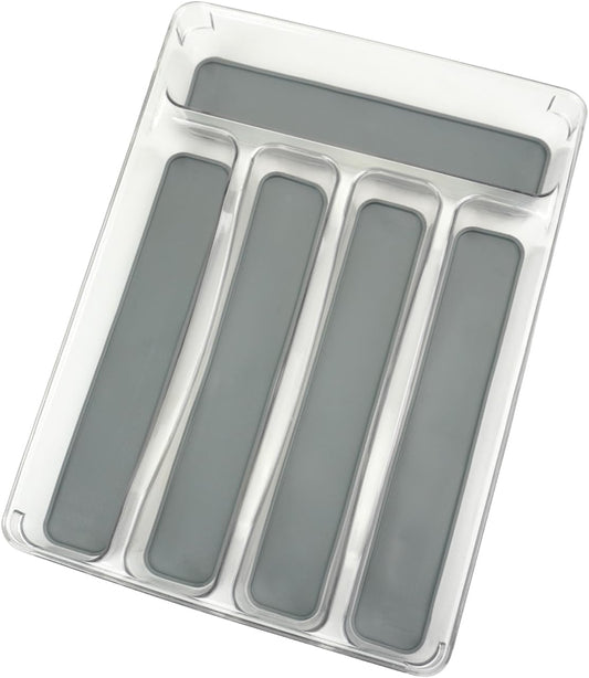 5 Compartments Silverware Tray for Drawer, Plastic Utensil Cutlery Drawer Organizer w/Grip Lining (Clear&Grey)