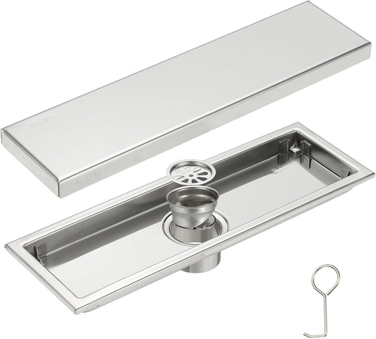 uxcell Rectangular Shower Drain, Brushed 304 Stainless Steel Odor-Proof Floor Drain Linear Shower Drain Hair Catcher for Bathroom Kitchen and Laundry Room(12 Inch, Bright Silver)