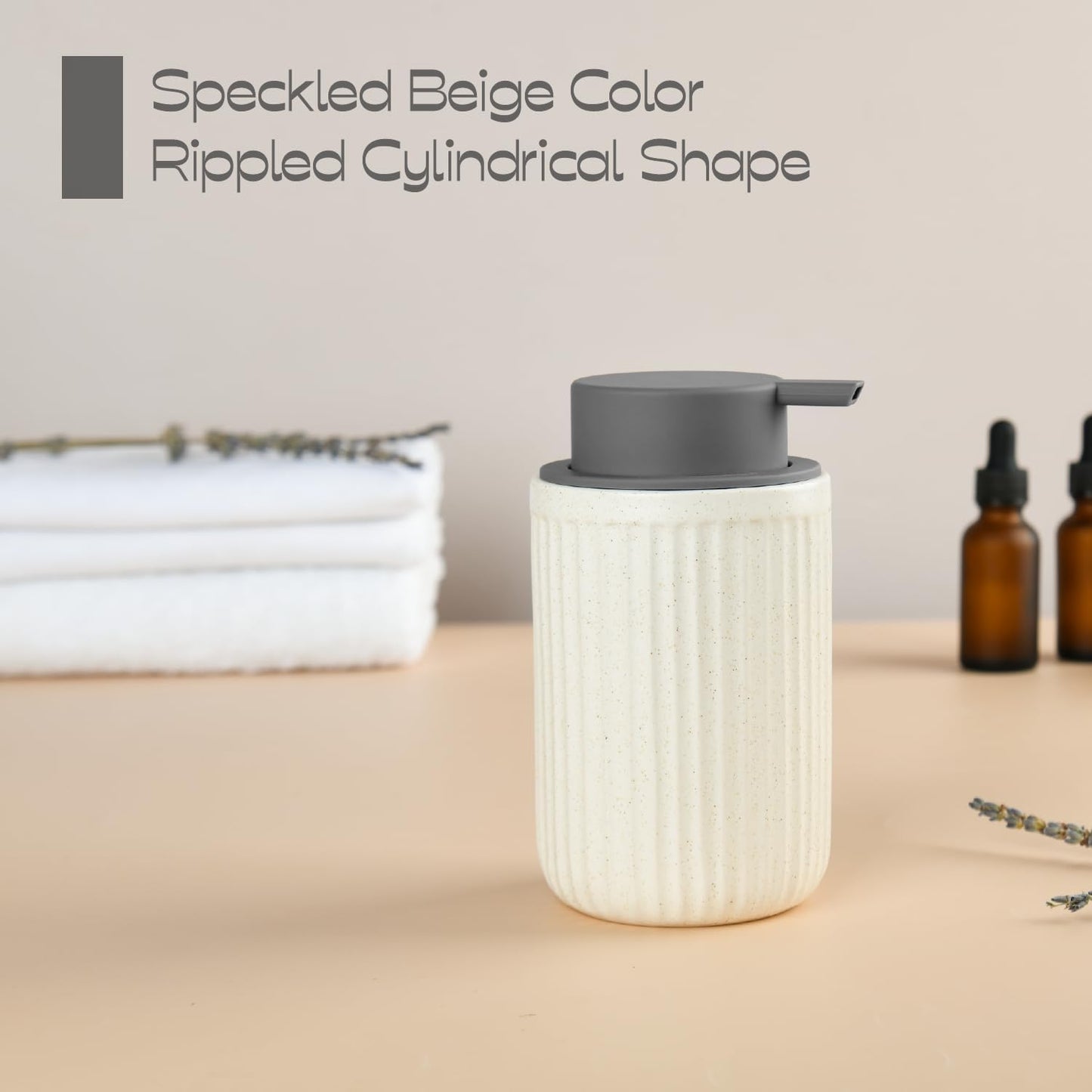 Beige Ceramic Foaming Soap Dispenser, Speckled Rippled 12 oz Bottle with Gray Silicone Pump, Foam Dispenser for Kitchen or Bathroom, Speckled Beige