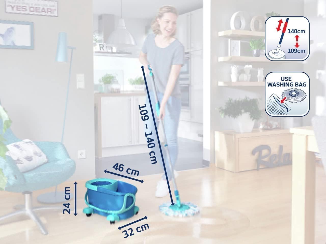 Leifheit Clean Twist Spin Mop and Bucket Set with Rollers | Telescopic Handle, 360° Joint, Spin-Dry System | Easy Glide Wheels | Blue