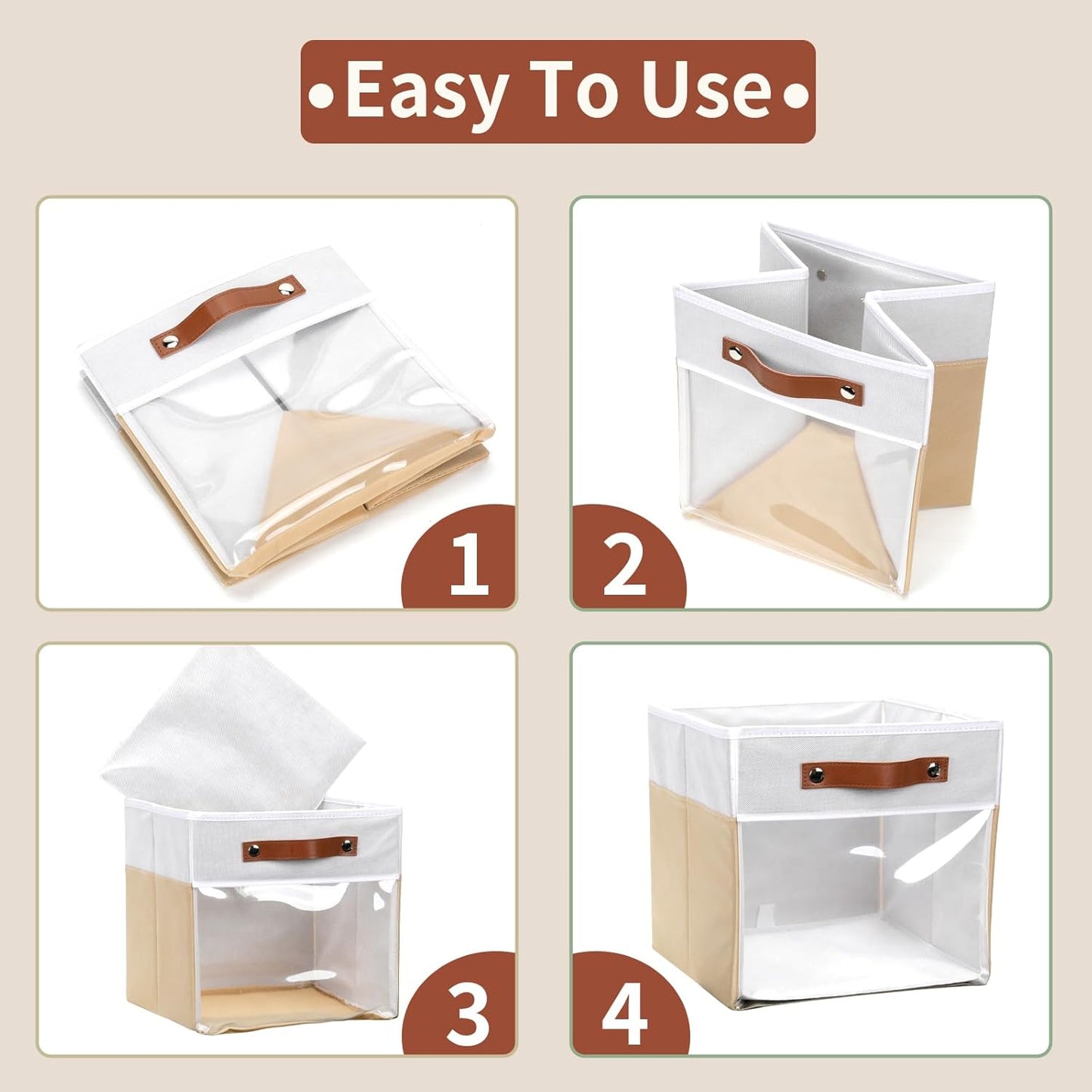 HNZIGE 11 Inch Foldable Fabric Storage Cubes - Clear Bins for Shelves, Canvas Cube Organizer Bins (White Beige 6 PCS)