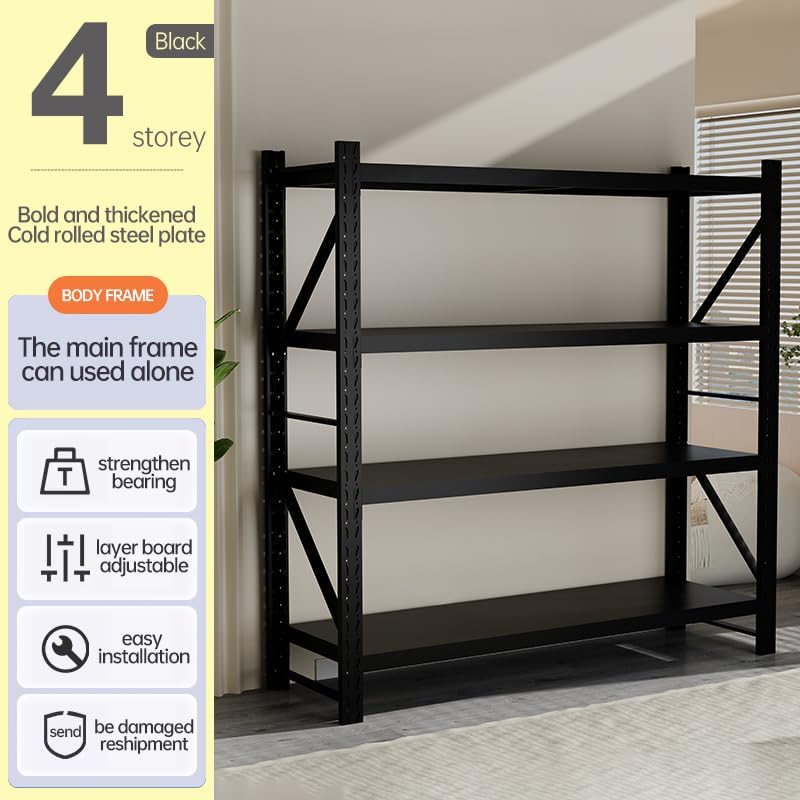 Storage Shelves Heavy Duty, Metal Garage Shelving Units, 4 Tier Storage Rack Shelf, Steel Industrial Shelving, Adjustable Standing Shelf for Basement/Warehouse (Black, W59.06*D19.69*H78.74)