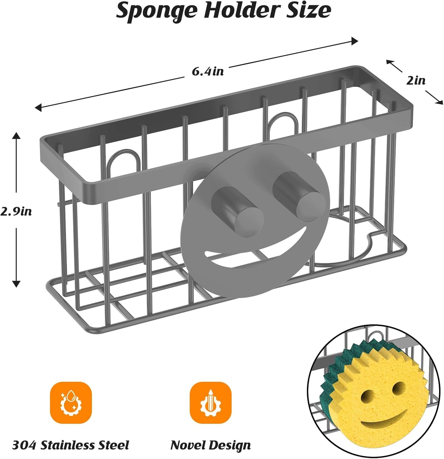 Sponge Holder Smiley Face,Sink Caddy for Kitchen Sink,Sponge Holder with 2 PCS Suction Cups/1 PCS Adhesive Strips,Designed for Sponge,Soap,Dish Brush,Scrubber-Charcoal Gray