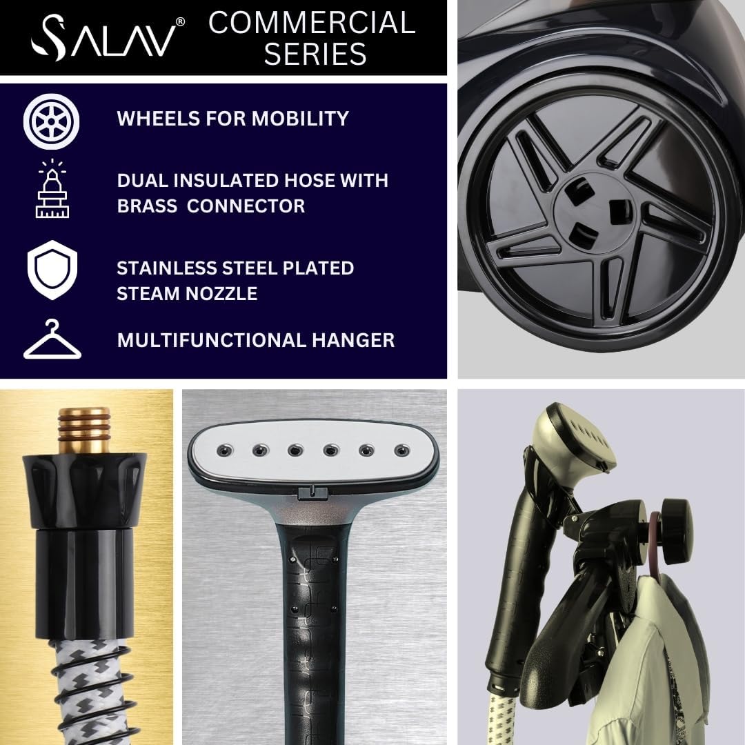 SALAV Commercial-Grade Standing Garment Steamer for Clothes with Auto-Off Safety 1800W Powerful Steam X-Large 3L Water Tank, 90-Min Continuous Use, Pedal-Control System, Beeps when Out of Water, Navy