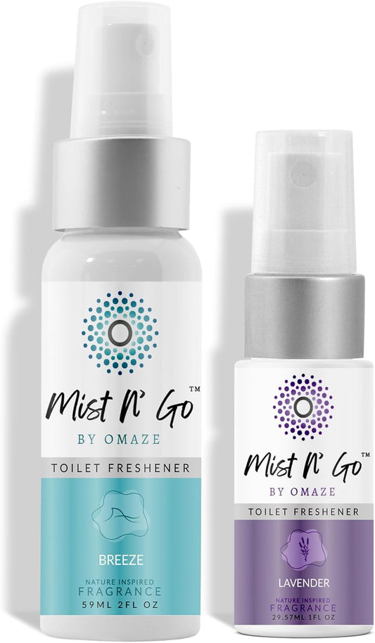 Mist N' Go Omaze Travel Bathroom Spray - Toilet Odor Eliminator & Air Freshener - Popular Mix, Daily Pack (2oz + 1oz)