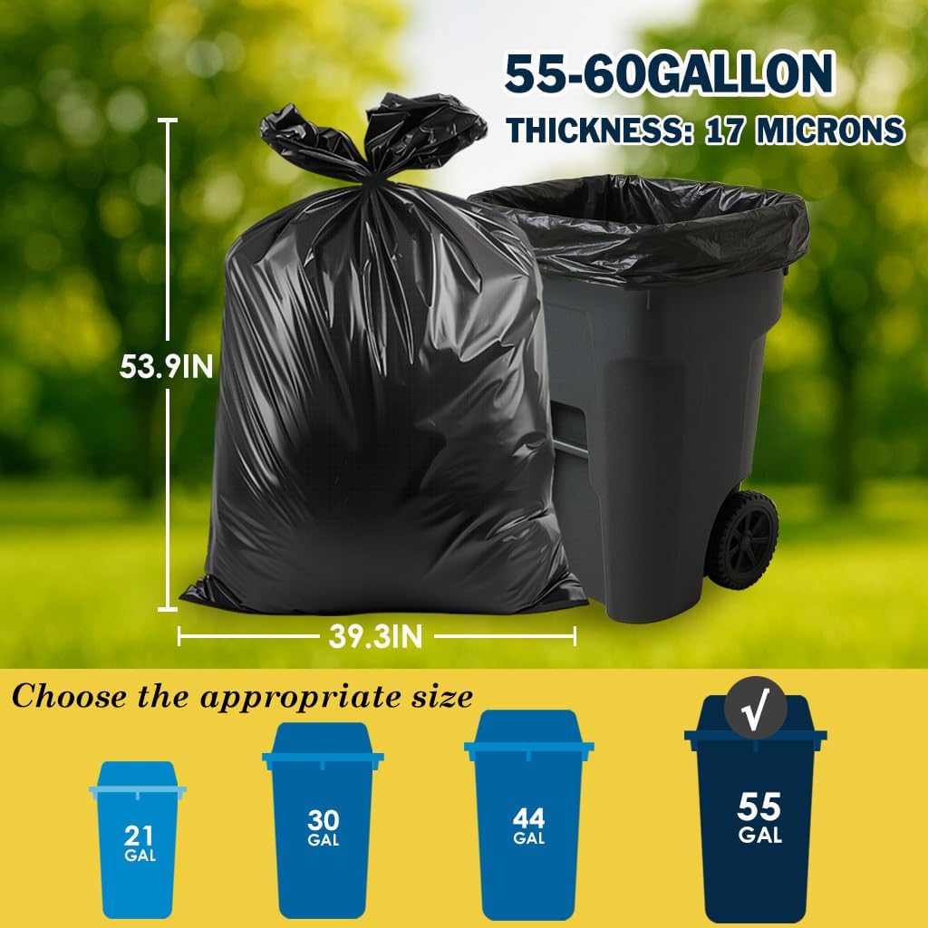 55-60 Gallon Black Trash Bags 200 Bags by RayPard Extra Large Multi-Use Heavy Duty Commercial Garbage Bags, Lawn And Leaf Bags, Outdoor Yard Waste Bag, Contractor Workshops Trash Bin Liner