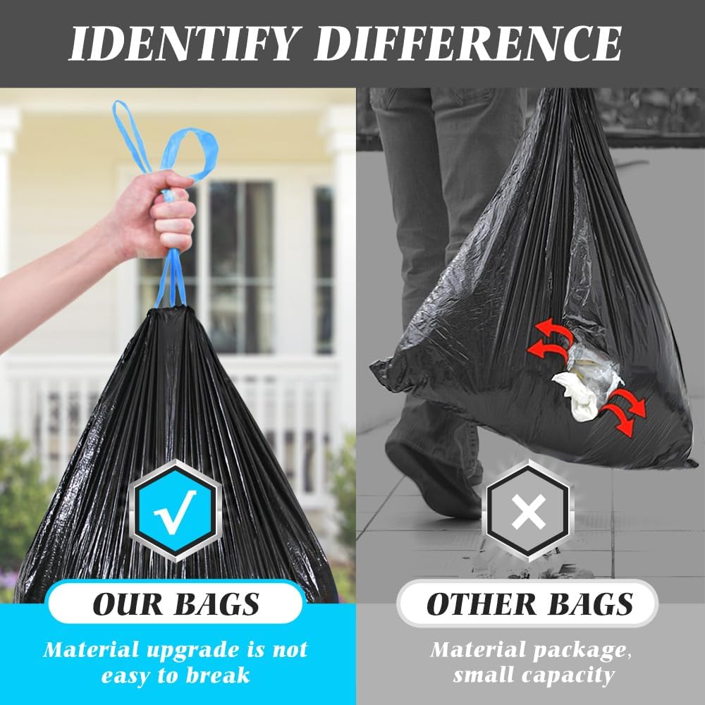 Teivio 20 Gallon 60 Counts (fit 18-20 Gal) Large Drawstring Trash Bags Strong Tall Kitchen Compactor Bags Garbage Bags for Home/Office/Light Residential Waste/Outdoor Trash Can, Lawn，Black Trash Bags
