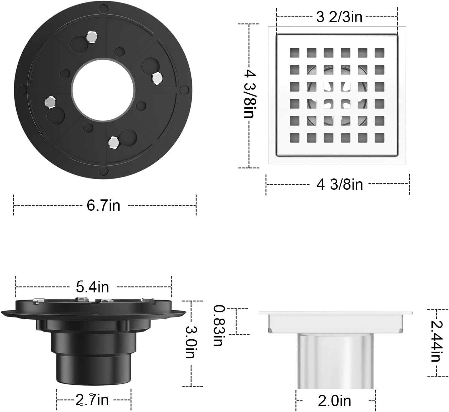 4-3/8 Inch Square Shower Drain Chrome, Bathroom Floor Drain, Stainless Steel Drain Kit with ABS Flange, Removable Grid Cover, Hair Strainer