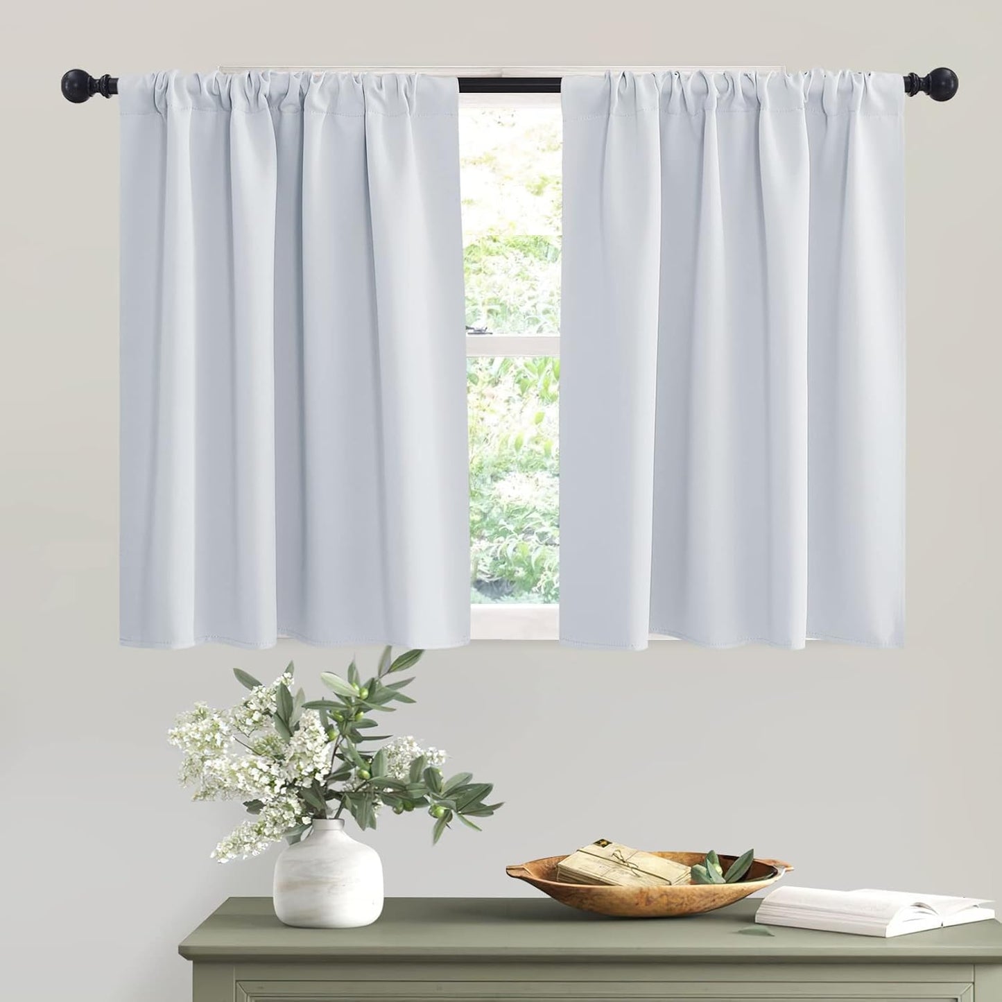 RYB HOME Kitchen Curtains Room Darkening Curtain Tiers Small Window Draperies for Nursery/Dining Room/Bathroom, 42 inch Wide x 36 inch Long, Grayish White, 2 Panels