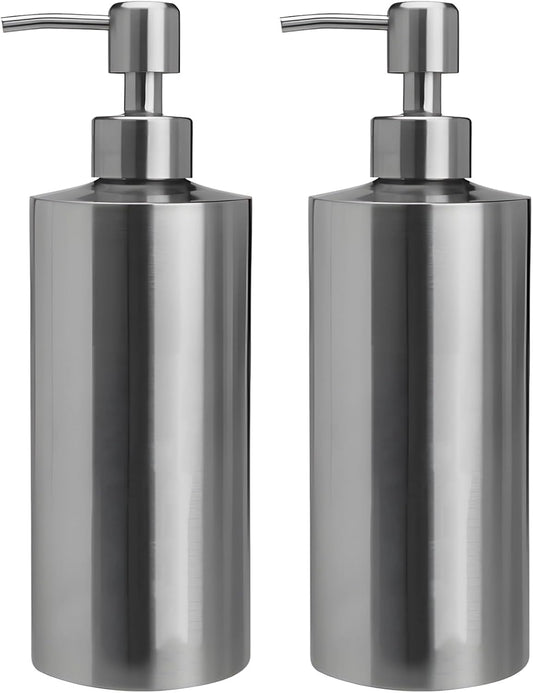 2 Pcs Large 304 Stainless Steel Soap Dispensers, 18.6 fl oz/550 ml Refillable Liquid Pump Bottles for Kitchen, Bathroom, Countertop, Modern Brushed Silver Cylindrical Design