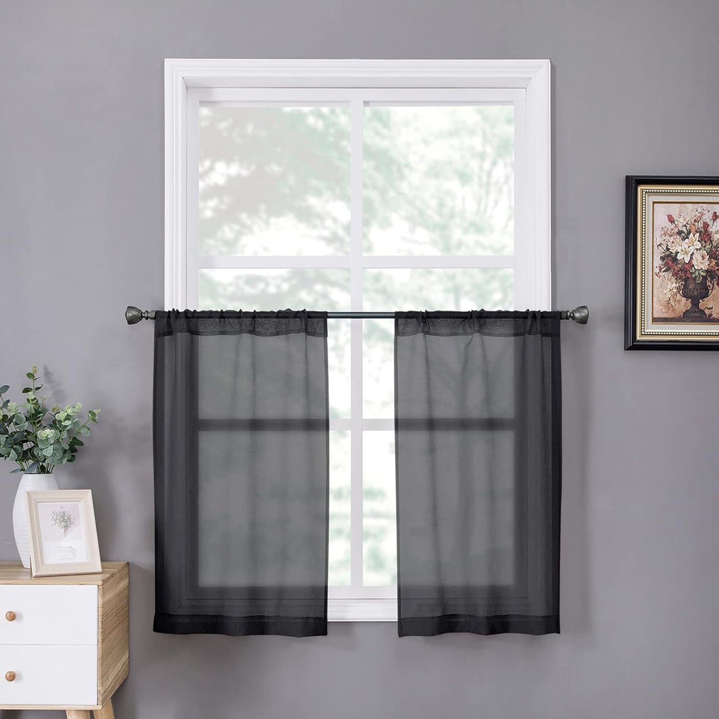 Tollpiz Sheer Tier Curtain Linen Textured Half Kitchen Curtains Sheer Light Filtering Rod Pocket Voile Small Curtains for Bathroom, 25 x 36 inches Long, Black, Set of 2 Panels