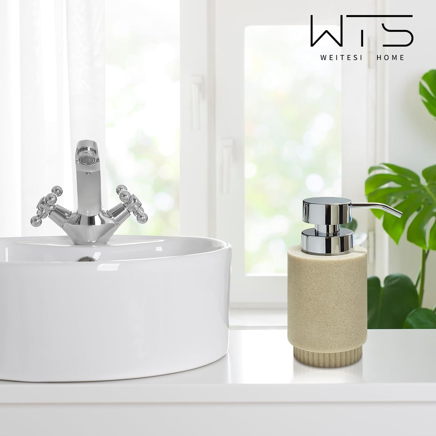 Resin Soap Dispenser for Bathroom, Hand Lotion Liquid Dispenser Easy-to-Press with Reusable Plastic Pump for Shampoo Bathroom Kitchen Countertop Rust-Proof 10 oz Beige