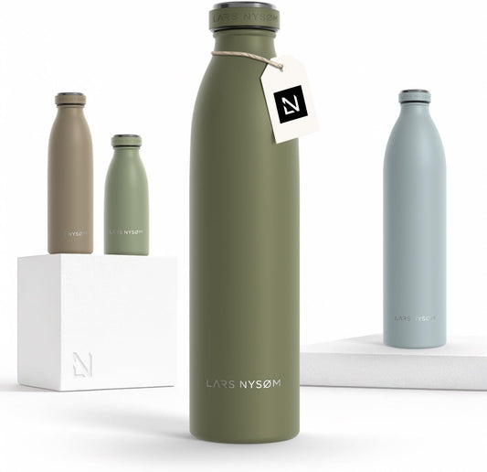 LARS NYSØM Stainless Steel Insulated Water Bottle 12oz 17oz 25oz 34oz 51oz | Insulated Thermo Flask for Hot and Cold Beverages | Leakproof Drinking Bottle (Olive Green, 25.4oz)